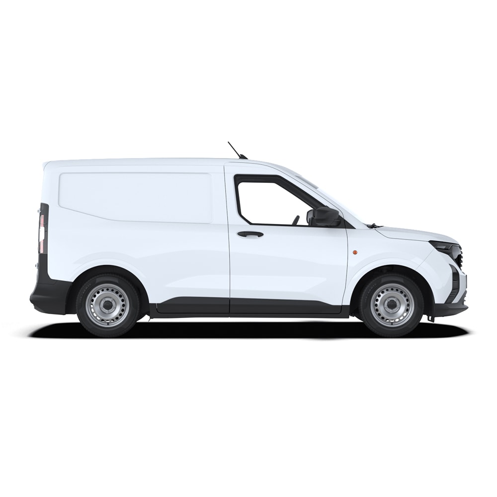 Valkoinen Ford Transit Courier sivulta